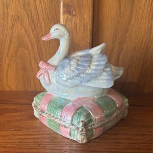 Goose Swan Figurine on Check Pattern Preppy Pillow